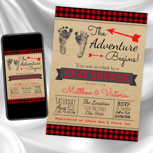 Convite Chá de fraldas de Xadrez de Buffalo (Buffalo plaid baby shower invitation. Instant download and printed invitations available.)