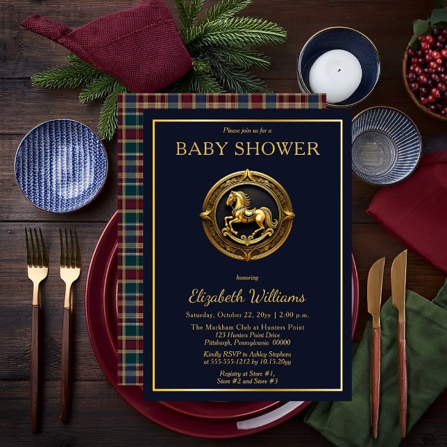 Convite Chá de fraldas de Xadrez de Cavalo de Rocking Eque (Charming Preppy Equestrian Gold Tone Rocking Horse on Navy Blue with Plaid Boy Baby Shower Invite)