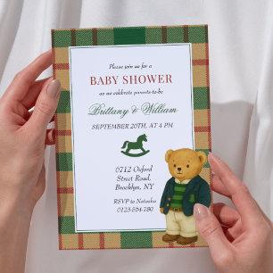 Convite Chá de fraldas de Xadrez de Natal do Bear Preppy