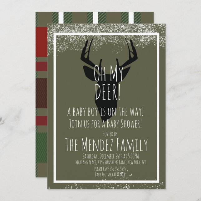 Convite Chá de fraldas de Xadrez de veados de Natal nevado (Frente/Verso)