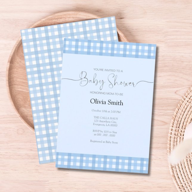 Convite Chá de fraldas de Xadrez Gingham Azul (Blue Gingham Plaid Baby Shower Invitation)