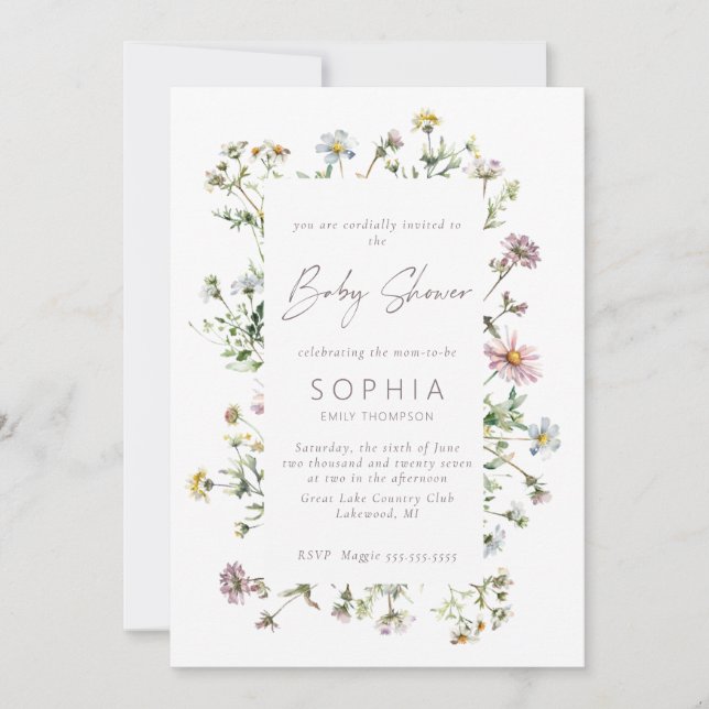 Convite Chá de fraldas delicado de flor silvestre (Frente)