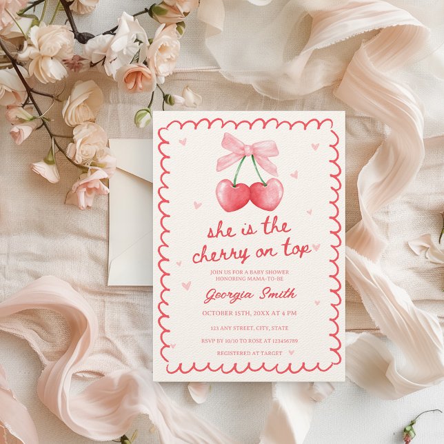 Convite Chá de fraldas desenhado à mão no topo do Arco Coq (She is the cherry on top Baby Shower Invitation Coquette Bow Pink & Red Vintage Retro)