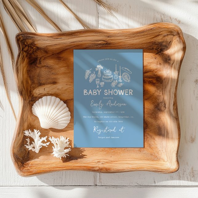 Convite Chá de fraldas desenhado de mão azul (Criador carregado)