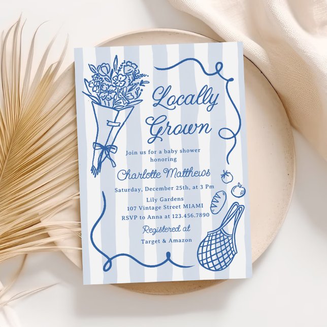 Convite Chá de fraldas Desenho da Mão Azul Cultivado Local (Criador carregado)