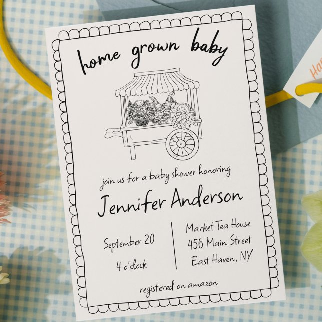 Convite Chá de fraldas Desenho Da Mão Do Bebê Em Casa (home grown baby shower farmers market invitation hand drawn scribble doodle invite gender neutral )