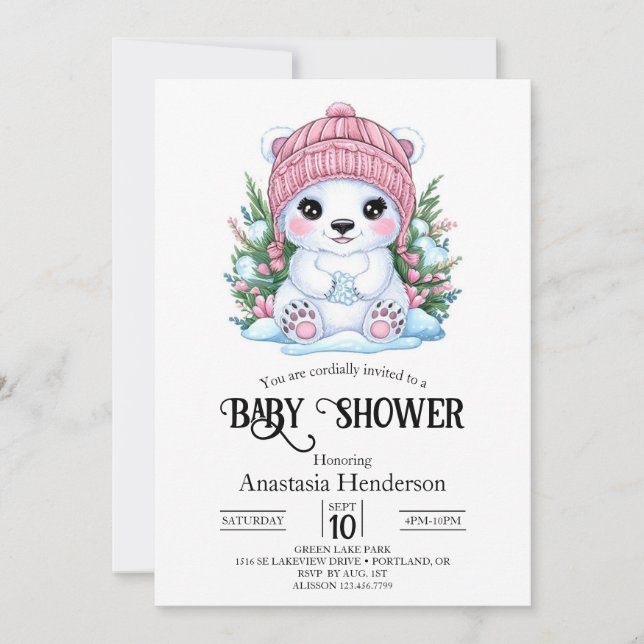 Convite Chá de fraldas digital bonito Pastel Polar Bear (Frente)