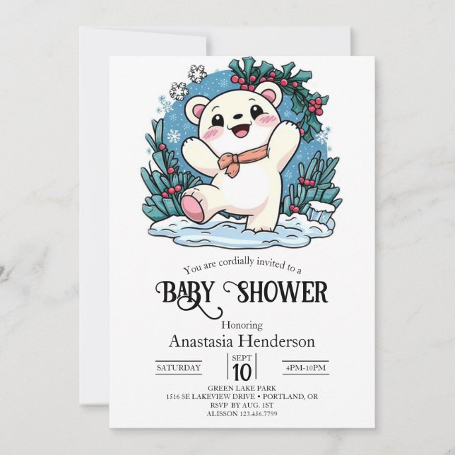 Convite Chá de fraldas digital do Urso Polar bonito (Frente)