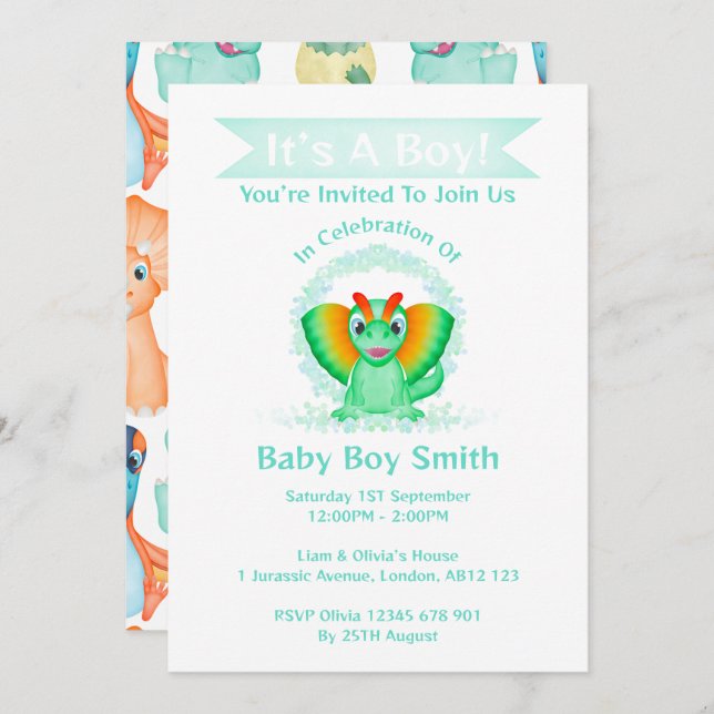 Convite Chá de fraldas Dino Watercolor Dinosaur (Frente/Verso)
