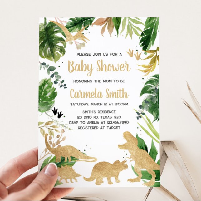 Convite Chá de fraldas Dinossauro Dourado (Baby Boy Dinosaur Baby Shower Invitation)