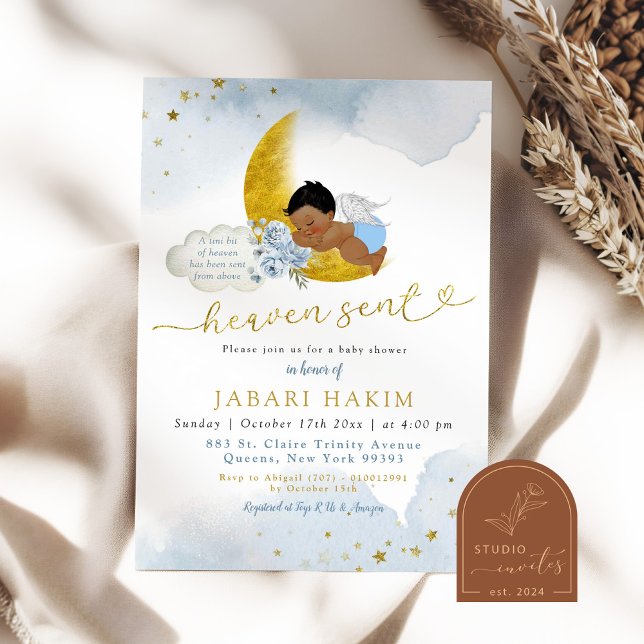 Convite Chá de fraldas do Anjo Africano Azul Stars Moon (Criador carregado)