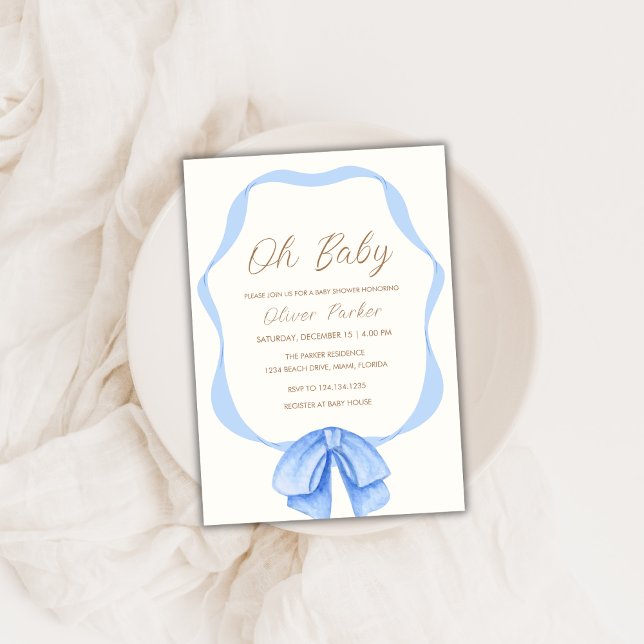 Convite Chá de fraldas do Arco de Imagem Simples Azul (Blue Simple Vintage Bow Frame Boy Baby Shower Invitation)