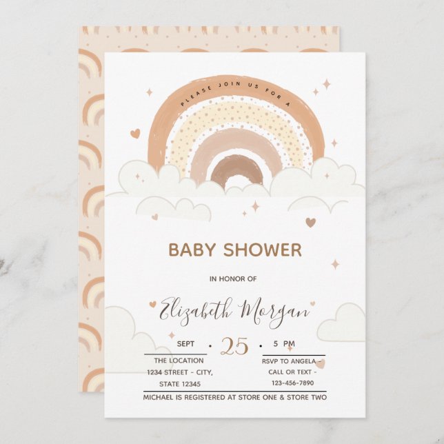 Convite Chá de fraldas do Arco-Íris Nuvens Corações (Frente/Verso)