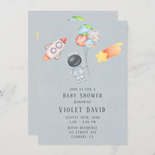Convite Chá de fraldas do Astronauta do Espaço Exterior da (Frente/Verso)