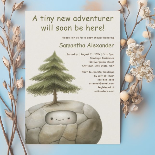 Convite Chá de fraldas do aventureiro do Woodland (Woodland Adventure baby shower invitation.  Cute baby peeking from rock.)
