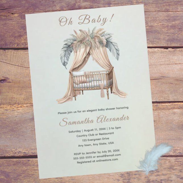 Convite Chá de fraldas do Baby Boho (Oh Baby! Boho feathers on crib.  Baby shower invitation. Soft peach, dusty blue. Whimsical.)