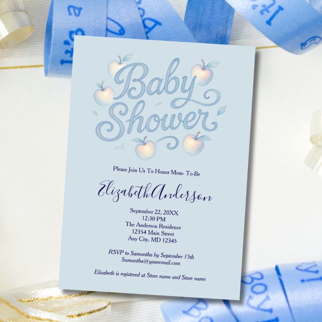 Convite Chá de fraldas do Baby Boy da Maçã Azul (Blue Baby Boy Apple theme Baby Shower Invitation. Printed or Digital Download)