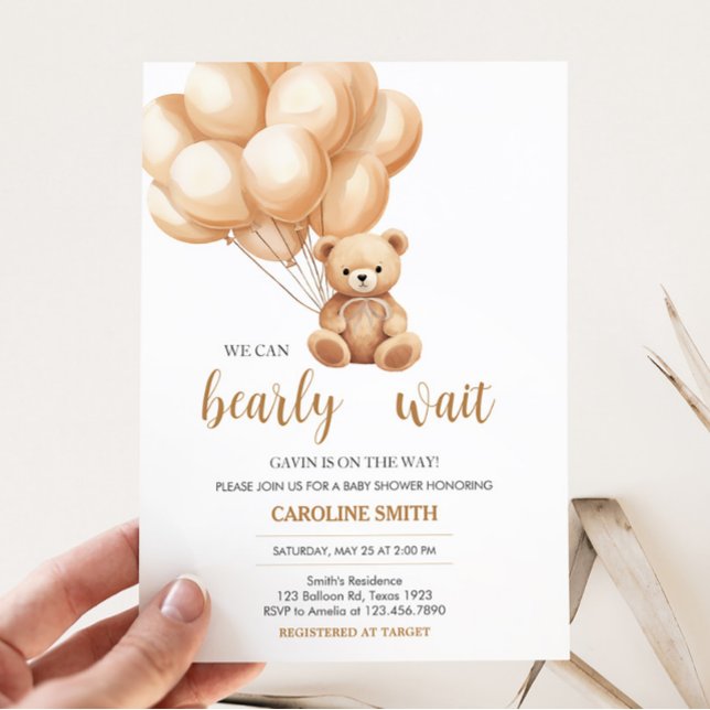 Convite Chá de fraldas do Balão Bear Brown (We Can Bearly Wait Baby Shower Invitation)