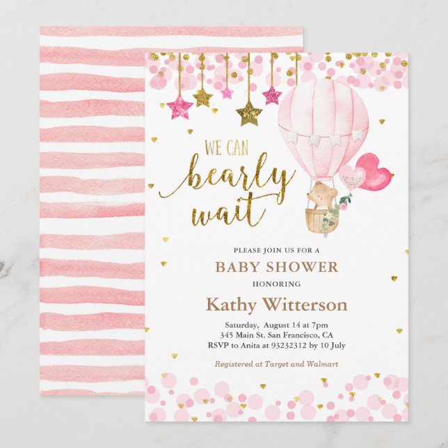 Convite Chá de fraldas do balão de ar quente Bear e Twinkl (Frente/Verso)