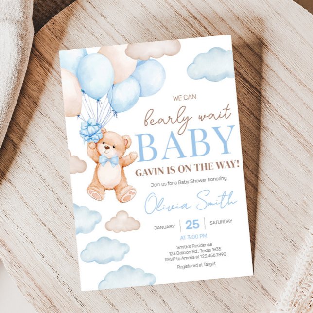 Convite Chá de fraldas do Balão do Urso Azul (Blue Bearly Balloon Baby Shower Invitation)