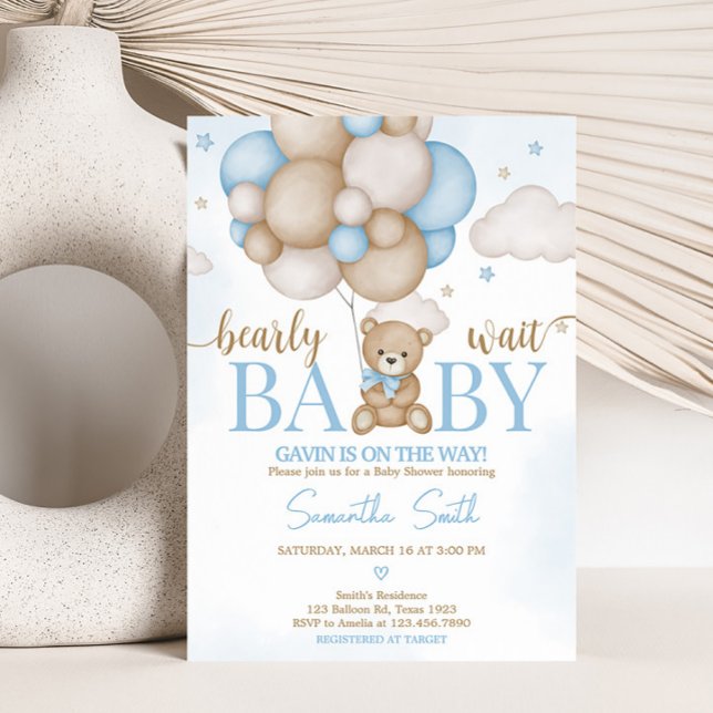 Convite Chá de fraldas do Balão do Urso Azul (Teddy Bear Balloon Baby Shower Invitation)