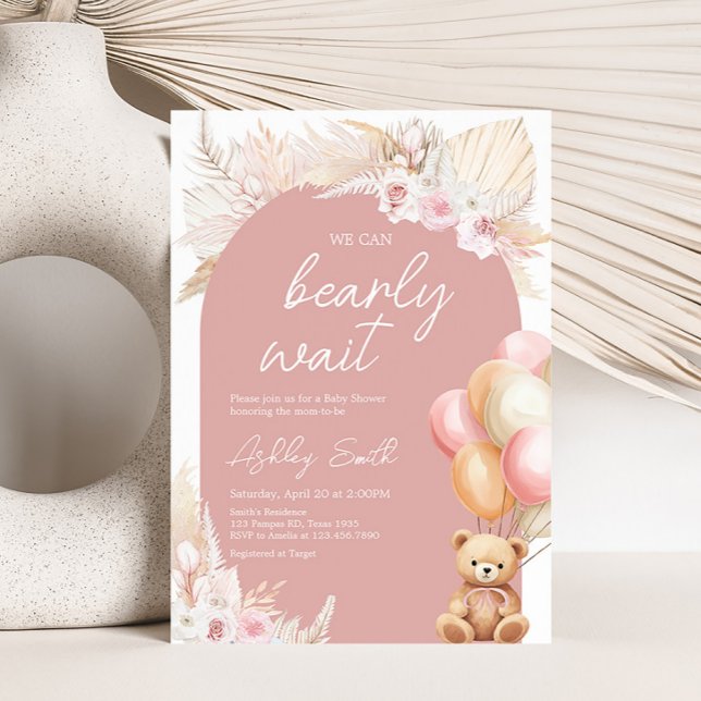 Convite Chá de fraldas do Balão do Urso Boho Rosa (We Can Bearly Wait Baby Shower Invitation)