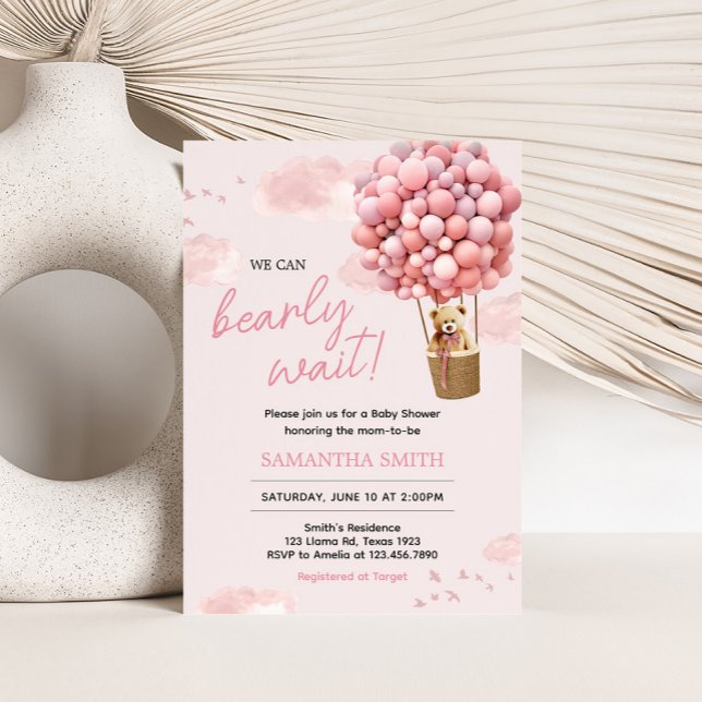 Convite Chá de fraldas do Balão do Urso Rosa (Pink Girl Teddy Bear Balloon Baby Shower Invitation
)
