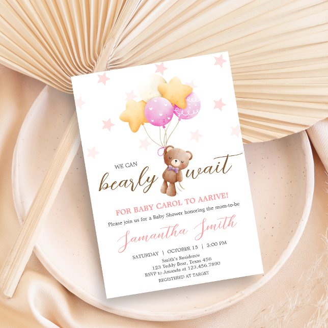Convite Chá de fraldas do Balão do Urso Rosa (Girl We Can Bearly Wait Balloon Baby Shower Invitation)