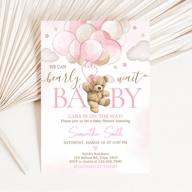 Convite Chá de fraldas do Balão do Urso Rosa Boho (We Can Bearly Wait Pink Balloon Baby Shower Invitation )
