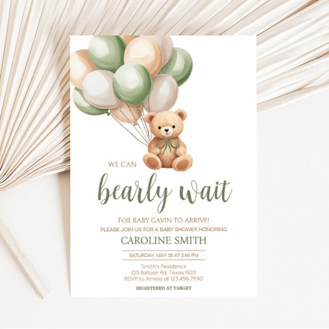 Convite Chá de fraldas do Balão do Urso Verde Sage (Green Boho Bear Baby Shower Invitation)