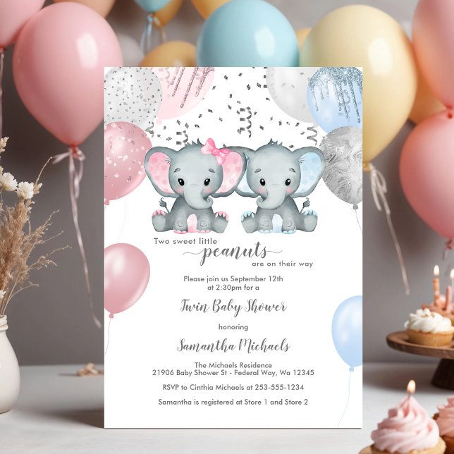 Convite Chá de fraldas do balão gêmeo de elefante giro (Cute Elephant Twin Balloon Baby Shower Invitation)
