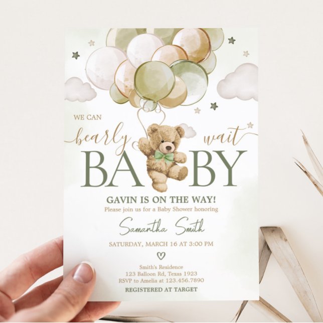 Convite Chá de fraldas do Balão Verde de Espera Rápida (Gender Neutral Bear Balloons Baby Shower Invitation)
