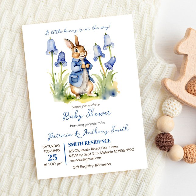 Convite Chá de fraldas do bebê do coelho Peter (Peter rabbit baby boy baby shower editable template invitation digital download cute bunny bluebells)