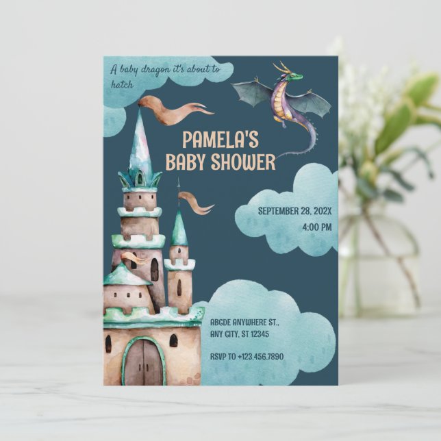 Convite Chá de fraldas do castelo do Dragão Verde (Em pé/Frente)
