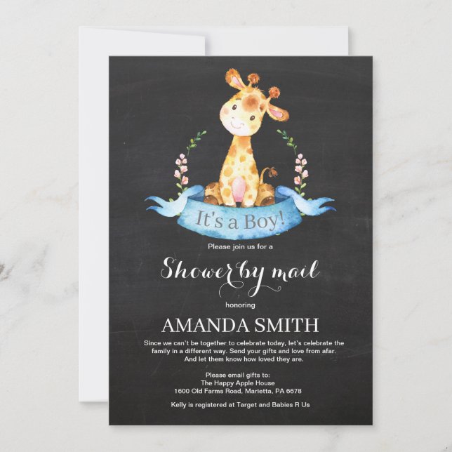 Convite Chá de fraldas do Chalkboard Boy Giraffe por e-mai (Frente)