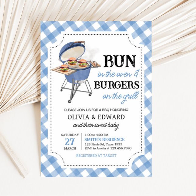 Convite Chá de fraldas do CHURRASCO do Burger Azul (Boy Backyard BBQ Baby Shower Invitation)
