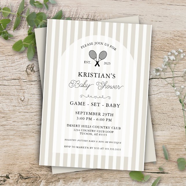 Convite Chá de fraldas Do Clube De Tênis De Pré-Disquete I (elegant beige tennis theme baby shower invitations for preppy greige or tan chic country club shower)
