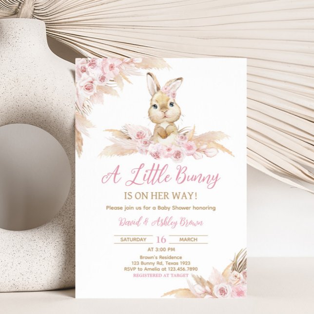 Convite Chá de fraldas do Coelhinho Rosa (Pampas Grass Girl Bunny Baby Shower Invitation)