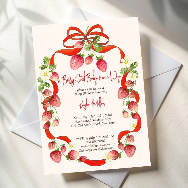 Convite Chá de fraldas do coquete da fita de Strawberry (Strawberry ribbon bow coquette berry sweet baby shower invitation template summer berries red bow)