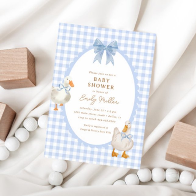 Convite Chá de fraldas do coquete do ganso Xadrez azul (Criador carregado)