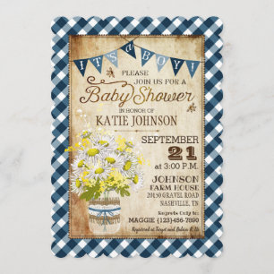 Convite Chá de fraldas do Country Daisies Gingham Check B