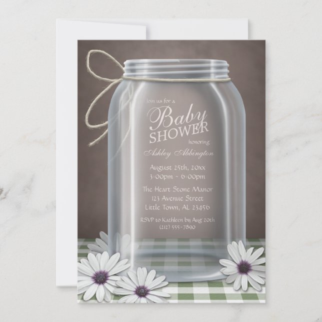 Convite Chá de fraldas do Country Mason Jar Green Gingham (Frente)