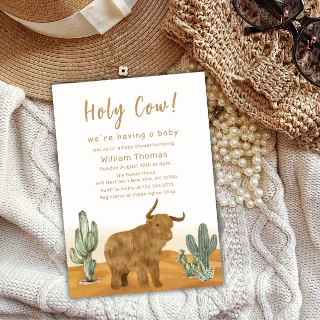 Convite Chá de fraldas do Deserto de Santa Vaca Boho Cactu (Holy Cow Boho Cactus Desert Baby Shower Invitation)