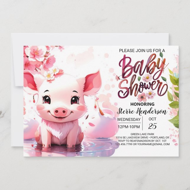 Convite Chá de fraldas do estaleiro de aquarela de Piglet (Frente)