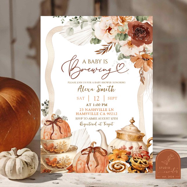 Convite Chá de fraldas do Fall Boho Coquette Pumpkin Tea P (Criador carregado)