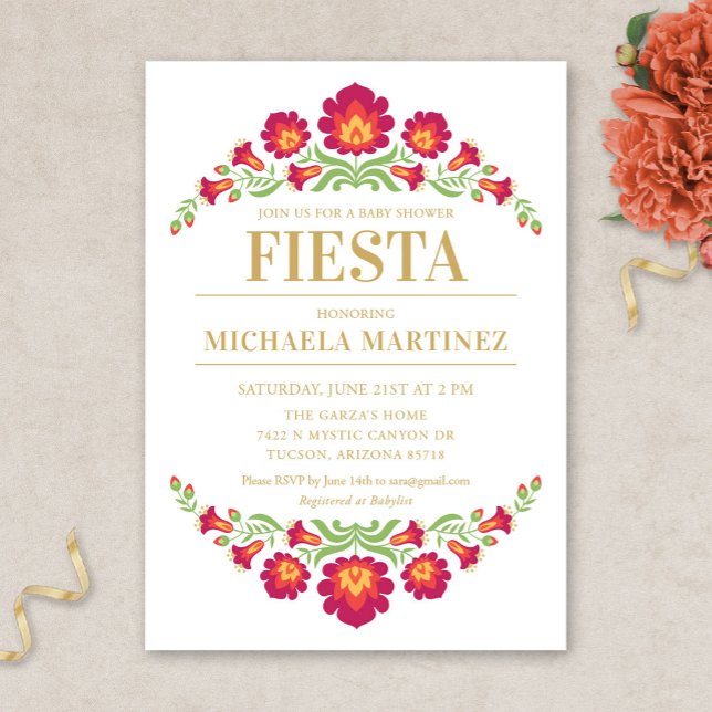Convite Chá de fraldas do Fiesta Mexicano, Red Floral (Red Floral Mexican Fiesta Baby Shower Invitation)