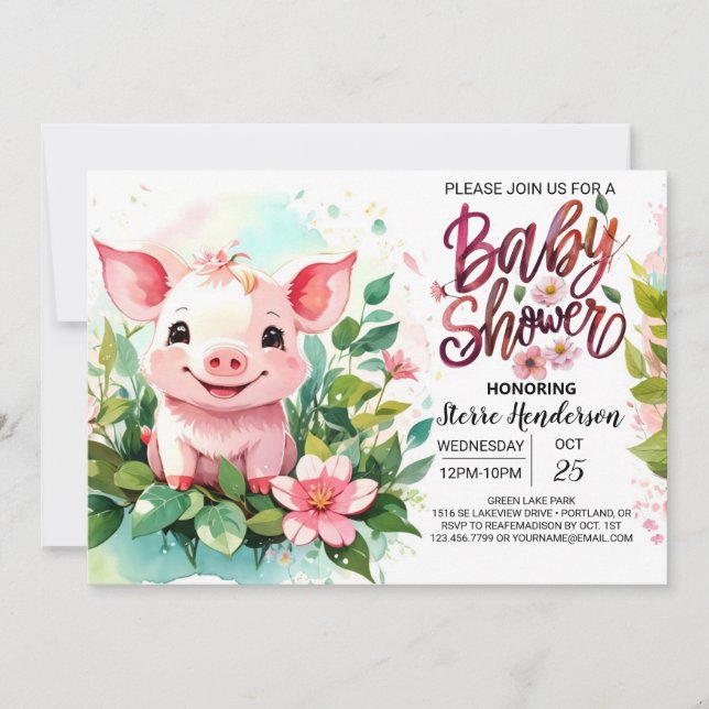 Convite Chá de fraldas do Floral Fazenda Adventure Piglet (Frente)