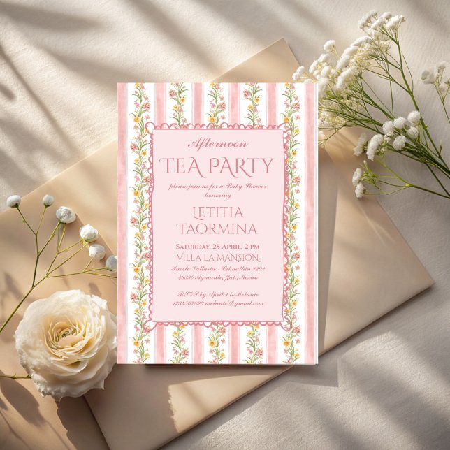 Convite Chá de fraldas do Grande Milênio da festa de chá à (Afternoon tea party grandmillenial baby shower invitation cards template stripped retro invites)