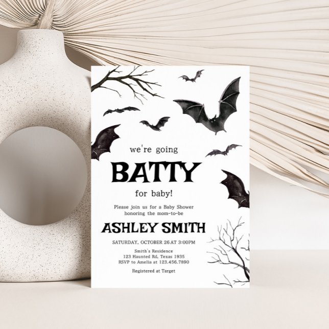 Convite Chá de fraldas do Halloween Black and White Bats (Black and White Bats Baby Shower Invitation
)