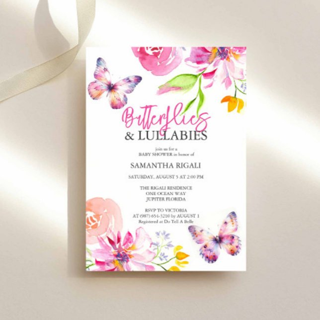 Convite Chá de fraldas do Jardim de Flores e Borboletas (Butterfly baby shower invitation features floral and butterflies watercolor art Victoria Grigaliunas)